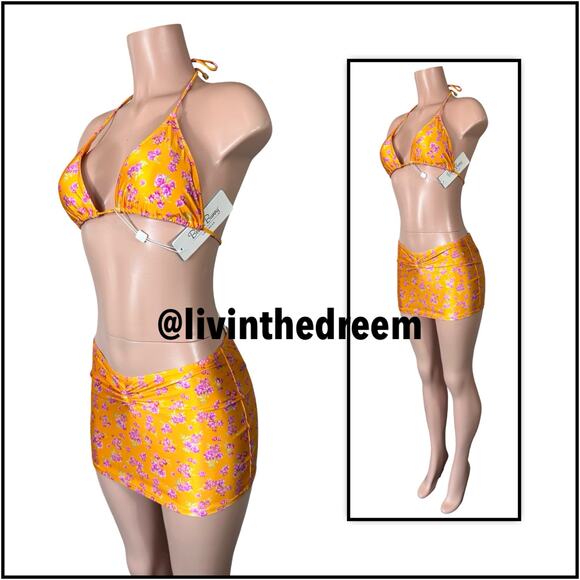Beach Bunny Luna Mini Skirt - Orange Ditsy Floral SZ L $78 - Picture 5 of 12